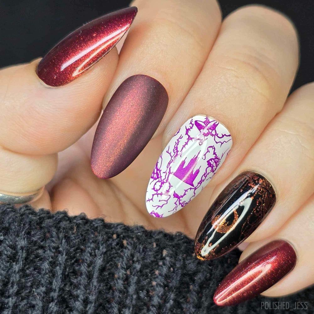 Maniology - Stamping Nail Polish - Nightshade: Velvetine (B527) - Maroon Red With Gold Shimmer