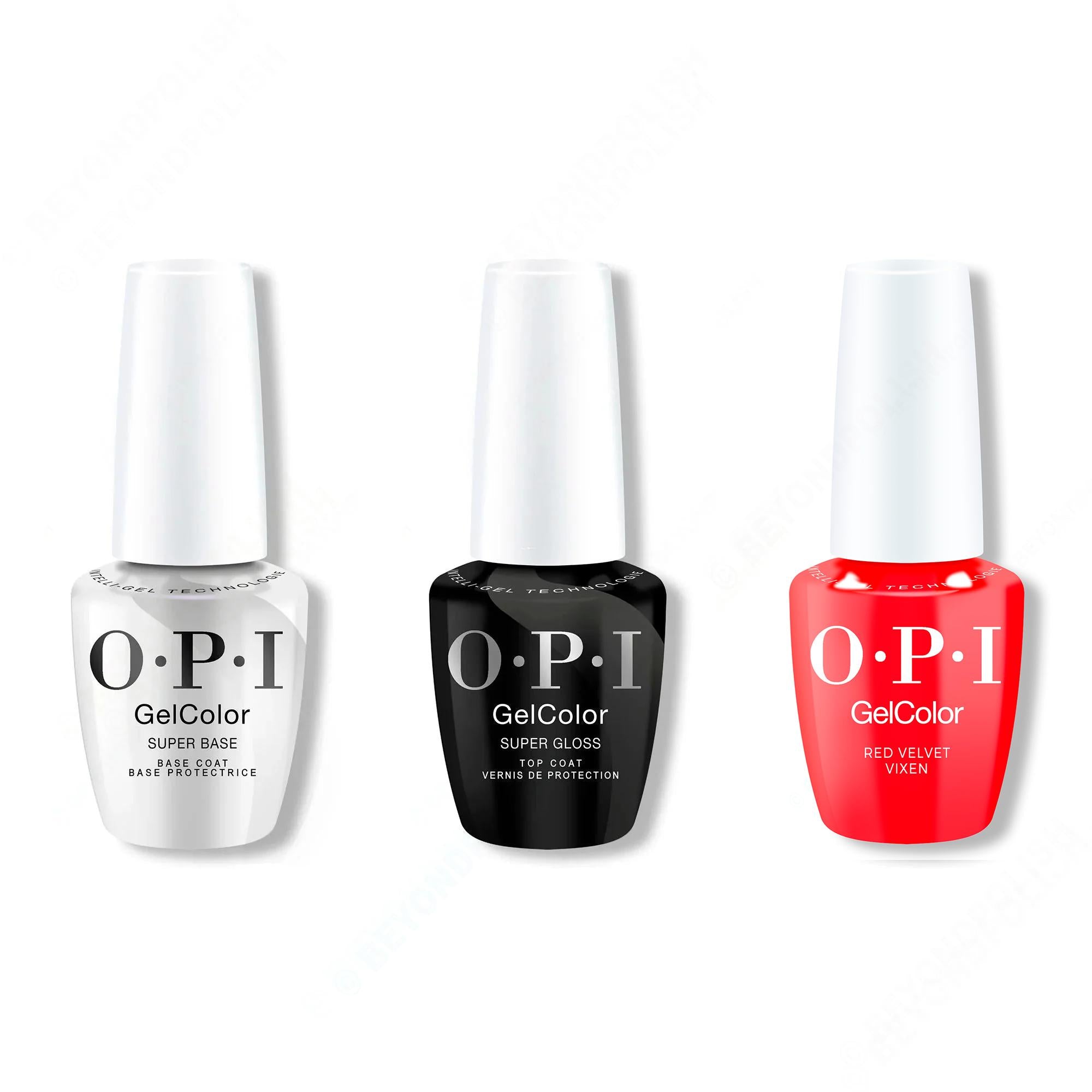 OPI GelColor Intelli-Gel Combo - Super Base Coat, Super Gloss Top Coat & Red Velvet Vixen